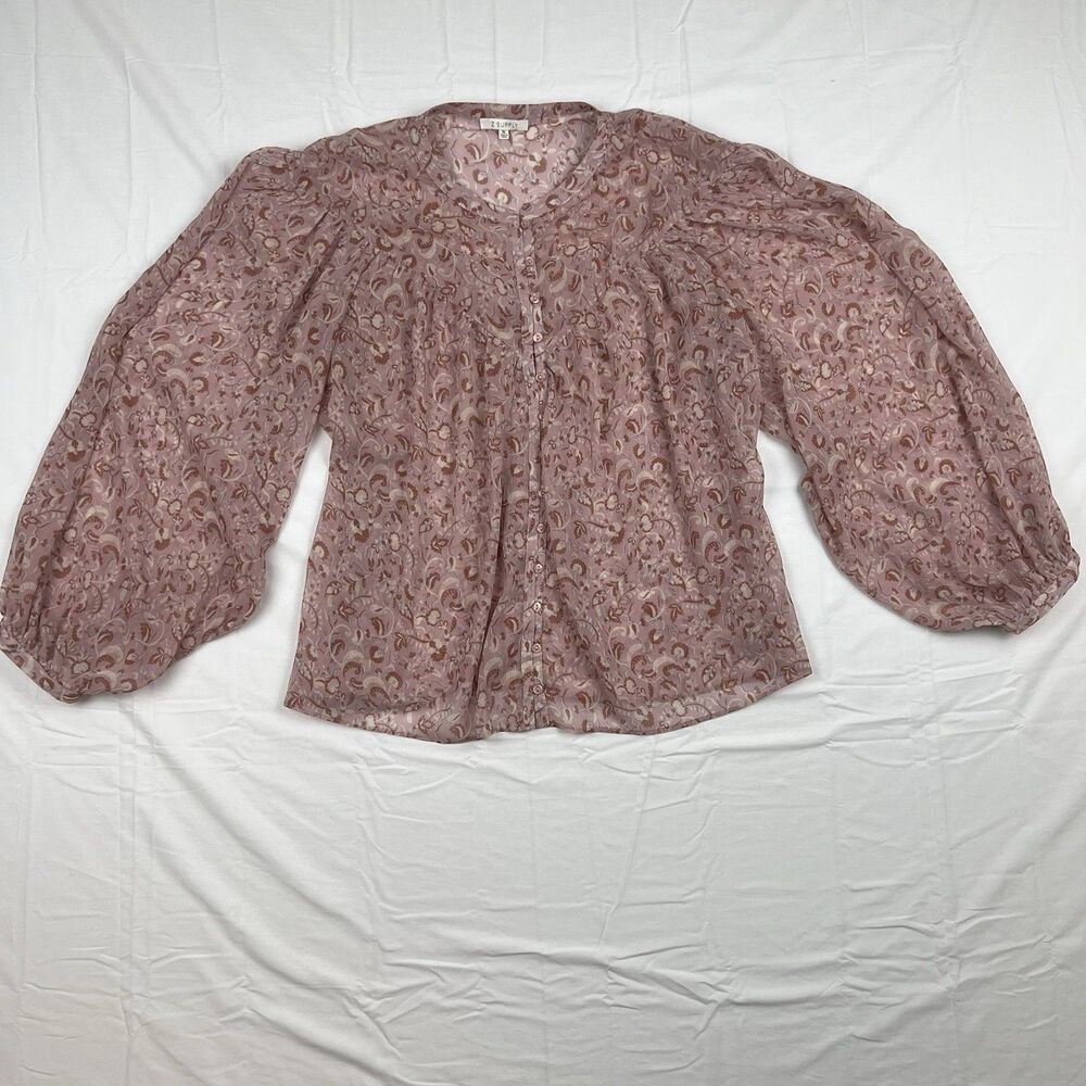 Z Supply Sheer Boho Floral‎ Blouse Puff Sleeve Button Top Pink XL Cottagecore